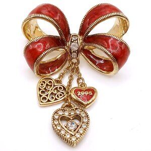 Monet 2005 Bow Brooch Red Enamel Gold Tone Metal 3 Heart Charms Rhinestones Pin